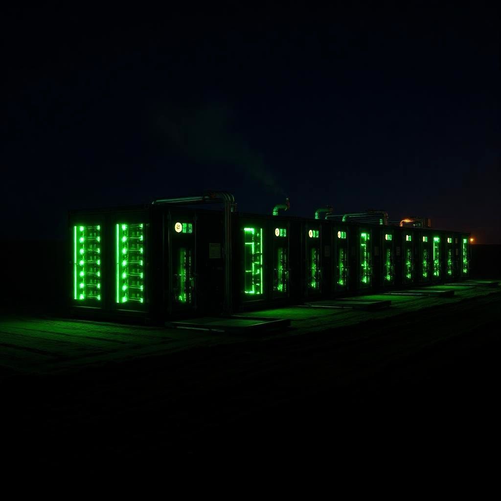 Gas-to-power Bitcoin mining containers on an oilfield at dusk